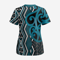 Maori Taniko Patterns Scrub Top Azure Patiki Motifs Mix Whakairo Ngaru LT7 - Polynesian Pride