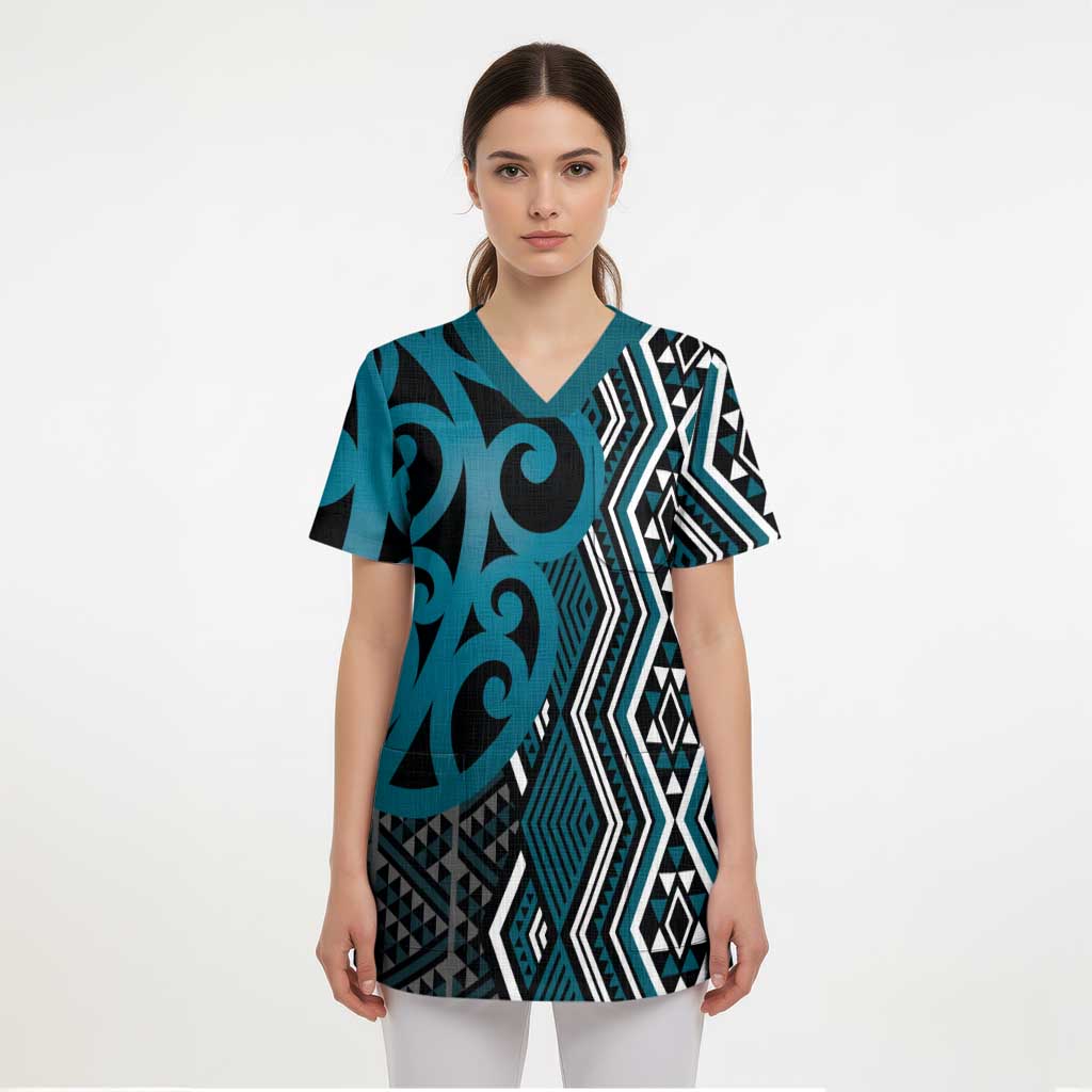 Maori Taniko Patterns Scrub Top Azure Patiki Motifs Mix Whakairo Ngaru LT7 - Polynesian Pride