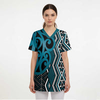 Maori Taniko Patterns Scrub Top Azure Patiki Motifs Mix Whakairo Ngaru LT7 - Polynesian Pride