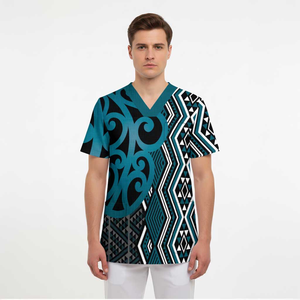 Maori Taniko Patterns Scrub Top Azure Patiki Motifs Mix Whakairo Ngaru LT7 - Polynesian Pride