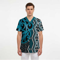 Maori Taniko Patterns Scrub Top Azure Patiki Motifs Mix Whakairo Ngaru LT7 - Polynesian Pride