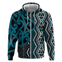 Maori Taniko Patterns Zip Hoodie Azure Patiki Motifs Mix Whakairo Ngaru LT7 Zip Hoodie Azure - Polynesian Pride