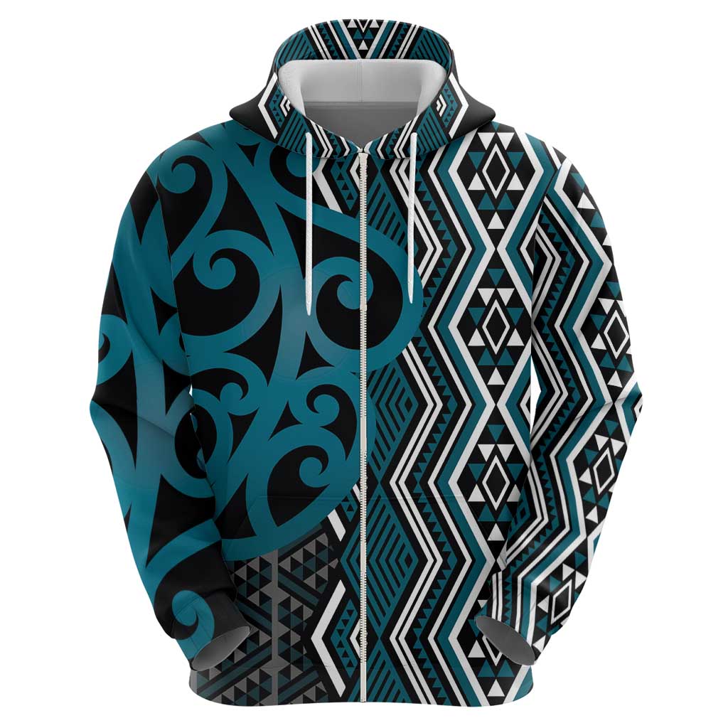 Maori Taniko Patterns Zip Hoodie Azure Patiki Motifs Mix Whakairo Ngaru LT7 - Polynesian Pride