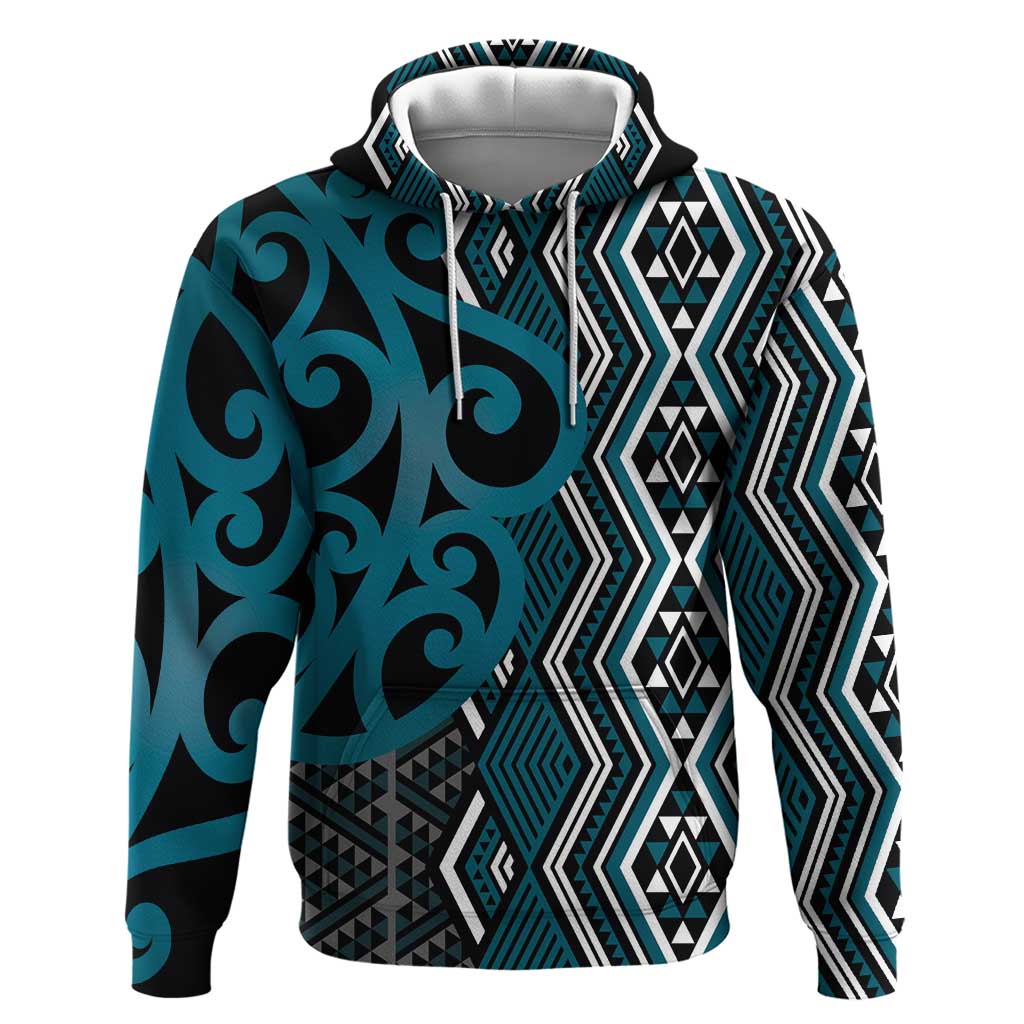 Maori Taniko Patterns Zip Hoodie Azure Patiki Motifs Mix Whakairo Ngaru LT7 Pullover Hoodie Azure - Polynesian Pride