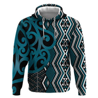 Maori Taniko Patterns Zip Hoodie Azure Patiki Motifs Mix Whakairo Ngaru LT7 Pullover Hoodie Azure - Polynesian Pride
