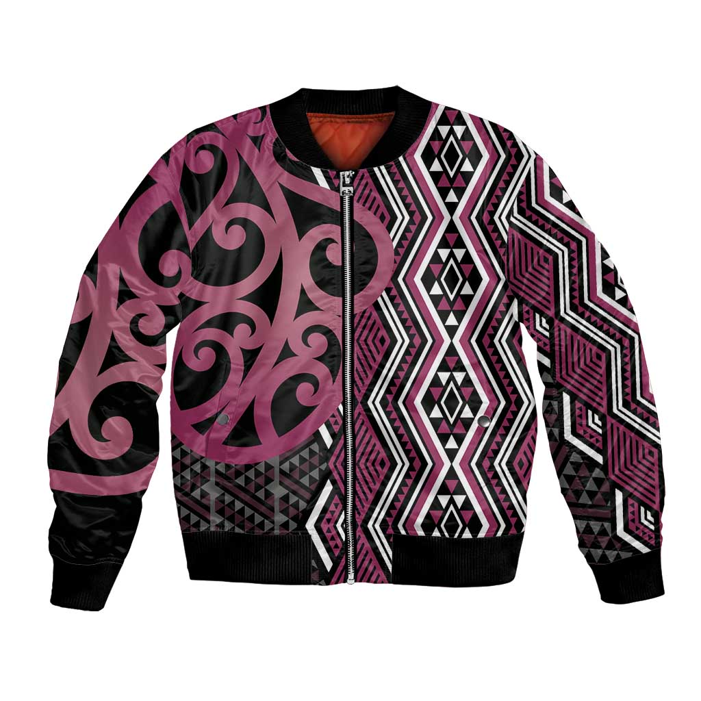Maori Taniko Patterns Bomber Jacket Pink Patiki Motifs Mix Whakairo Ngaru LT7 Unisex Pink - Polynesian Pride