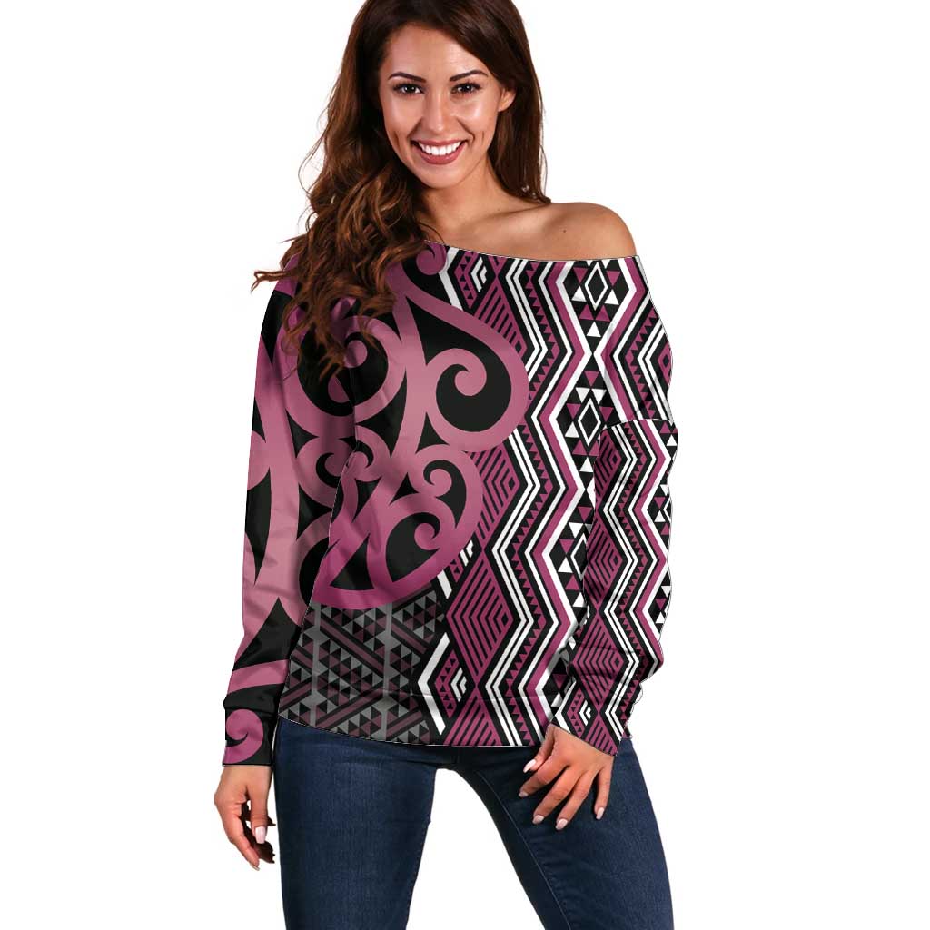 Maori Taniko Patterns Off Shoulder Sweater Pink Patiki Motifs Mix Whakairo Ngaru LT7 Women Pink - Polynesian Pride