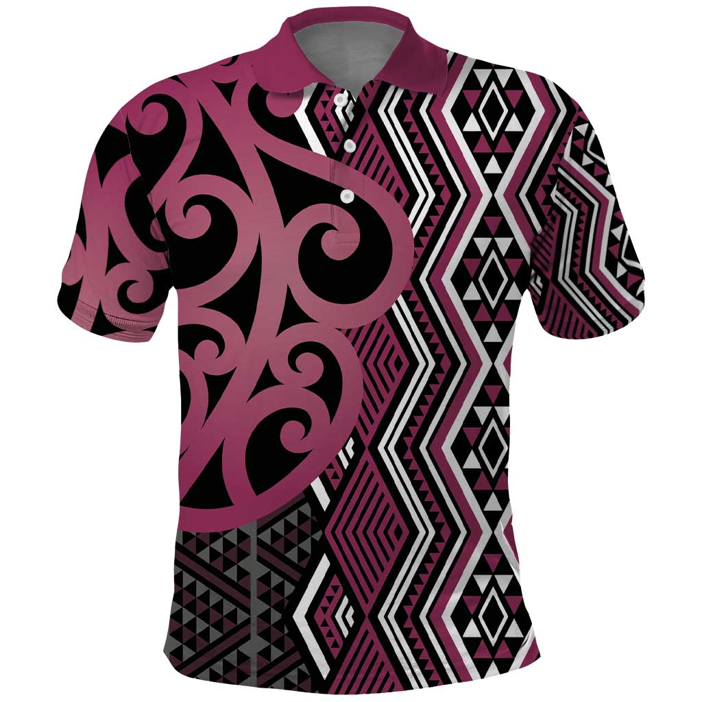 Maori Taniko Patterns Polo Shirt Pink Patiki Motifs Mix Whakairo Ngaru LT7 Pink - Polynesian Pride
