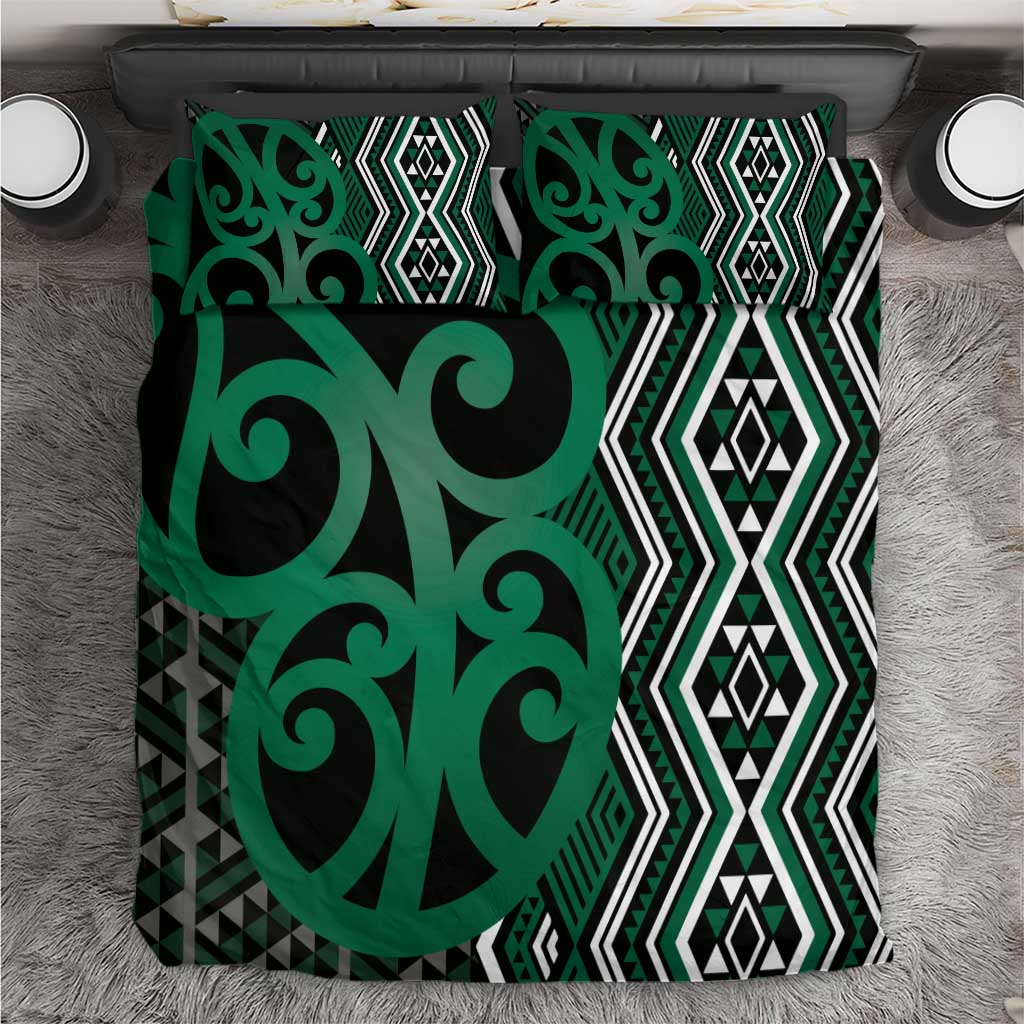 Maori Taniko Patterns Bedding Set Pounamu Patiki Motifs Mix Whakairo Ngaru LT7 Green - Polynesian Pride