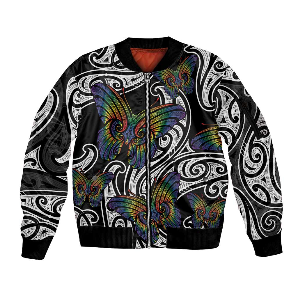 Aotearoa Takatapui Pride Sleeve Zip Bomber Jacket Rainbow Butterfly - Free To Love LT7 Unisex Black - Polynesian Pride