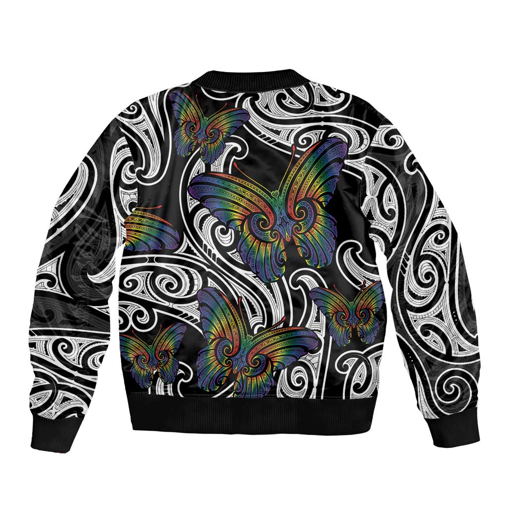Aotearoa Takatapui Pride Sleeve Zip Bomber Jacket Rainbow Butterfly - Free To Love LT7 - Polynesian Pride