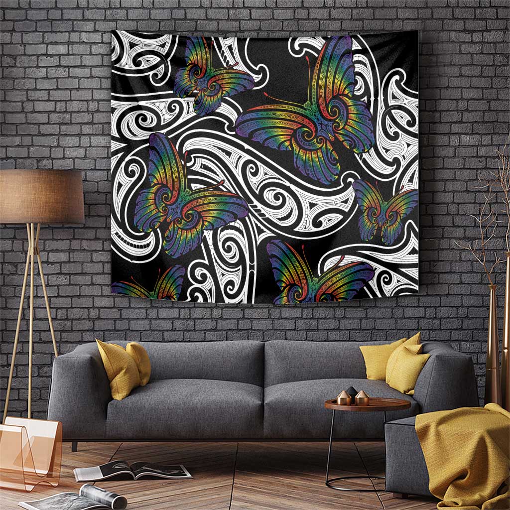Aotearoa Takatapui Pride Tapestry Rainbow Butterfly - Free To Love LT7 Black - Polynesian Pride