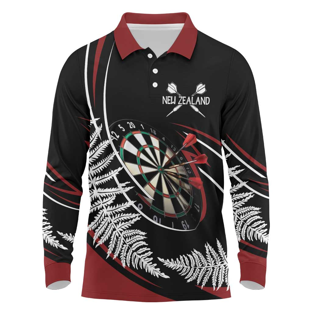 New Zealand Darts Personalised Long Sleeve Polo Shirt Silver Fern Dynamic LT7 Red - Polynesian Pride