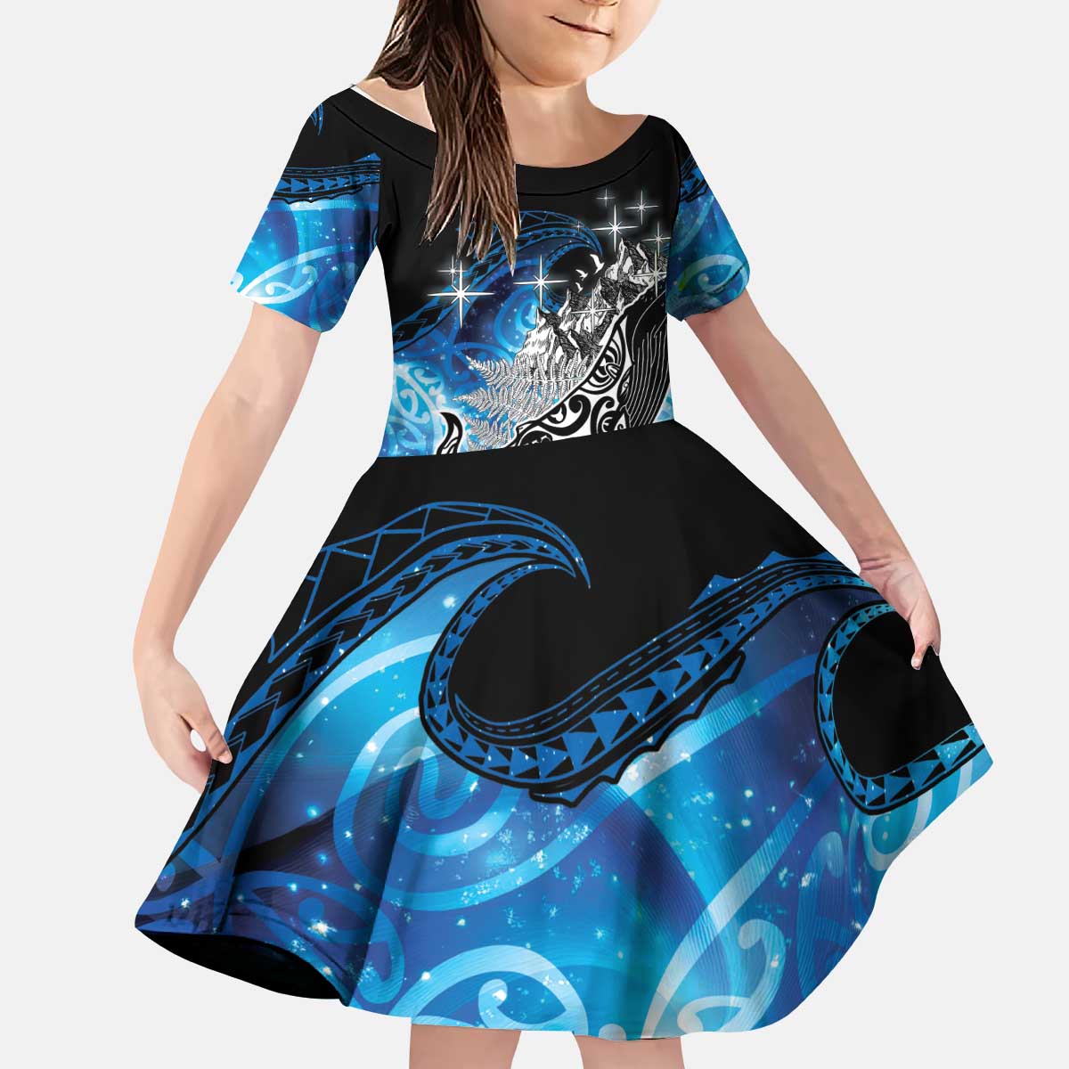 Maori Matariki Te Araroa Paikea Starry Kid Short Sleeve Dress Tangaroa Whakatauki LT7 KID Black - Polynesian Pride
