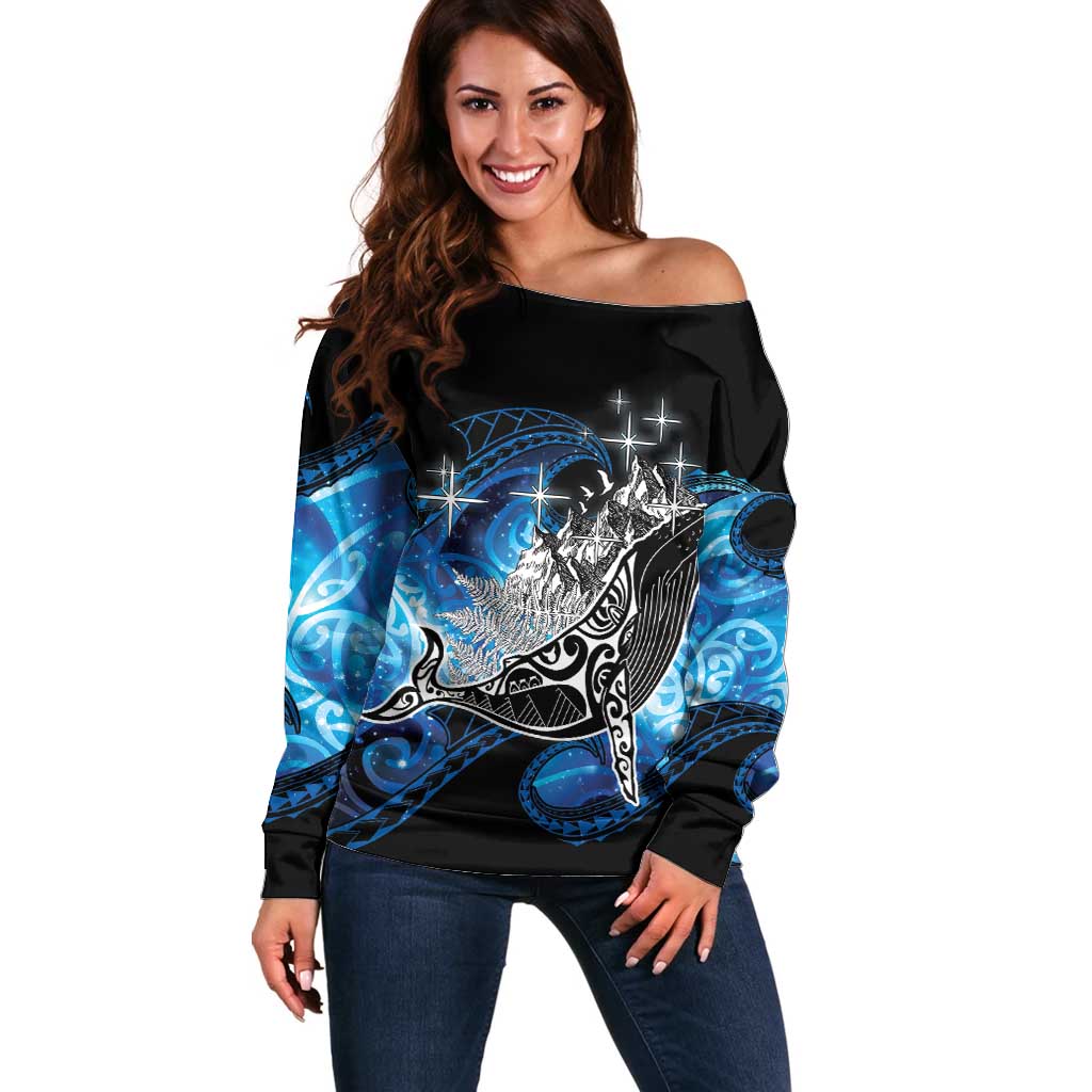 Maori Matariki Te Araroa Paikea Starry Off Shoulder Sweater Tangaroa Whakatauki LT7 Women Black - Polynesian Pride