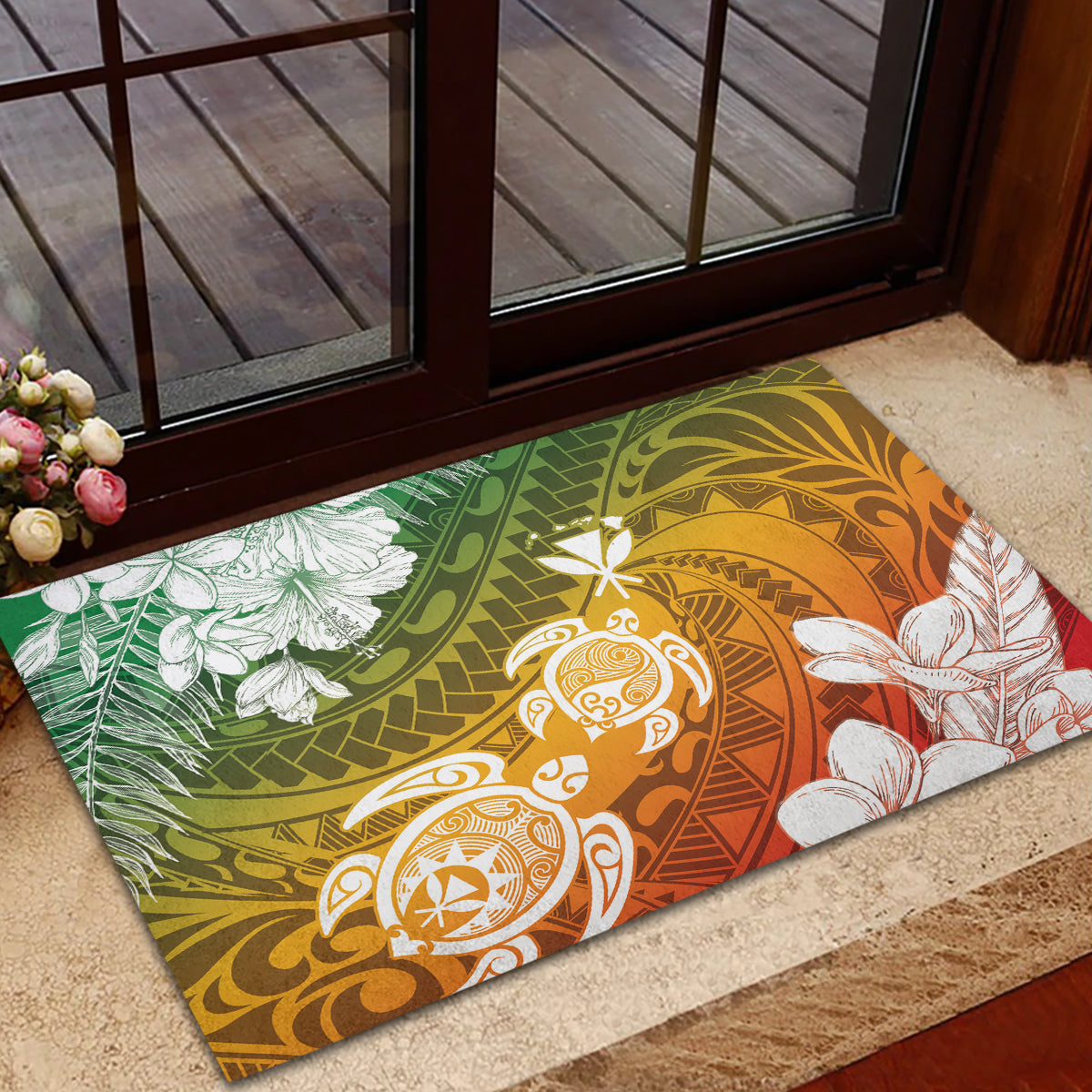Kanaka Maoli Hawaii Flag Day Rubber Doormat Vibrant Frangipani LT7 - Polynesian Pride