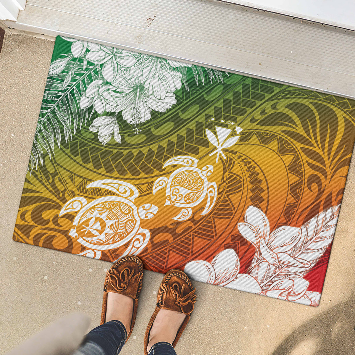 Kanaka Maoli Hawaii Flag Day Rubber Doormat Vibrant Frangipani LT7 - Polynesian Pride