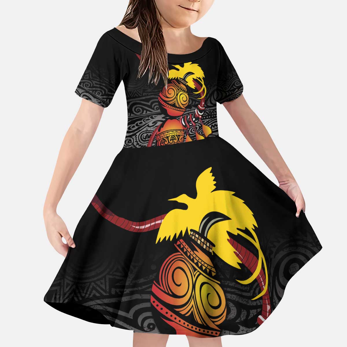 Personalized Papua New Guinea Milne Bay Kid Short Sleeve Dress Bagi Necklace Mix Lime Pot Grunge LT7 KID Black - Polynesian Pride