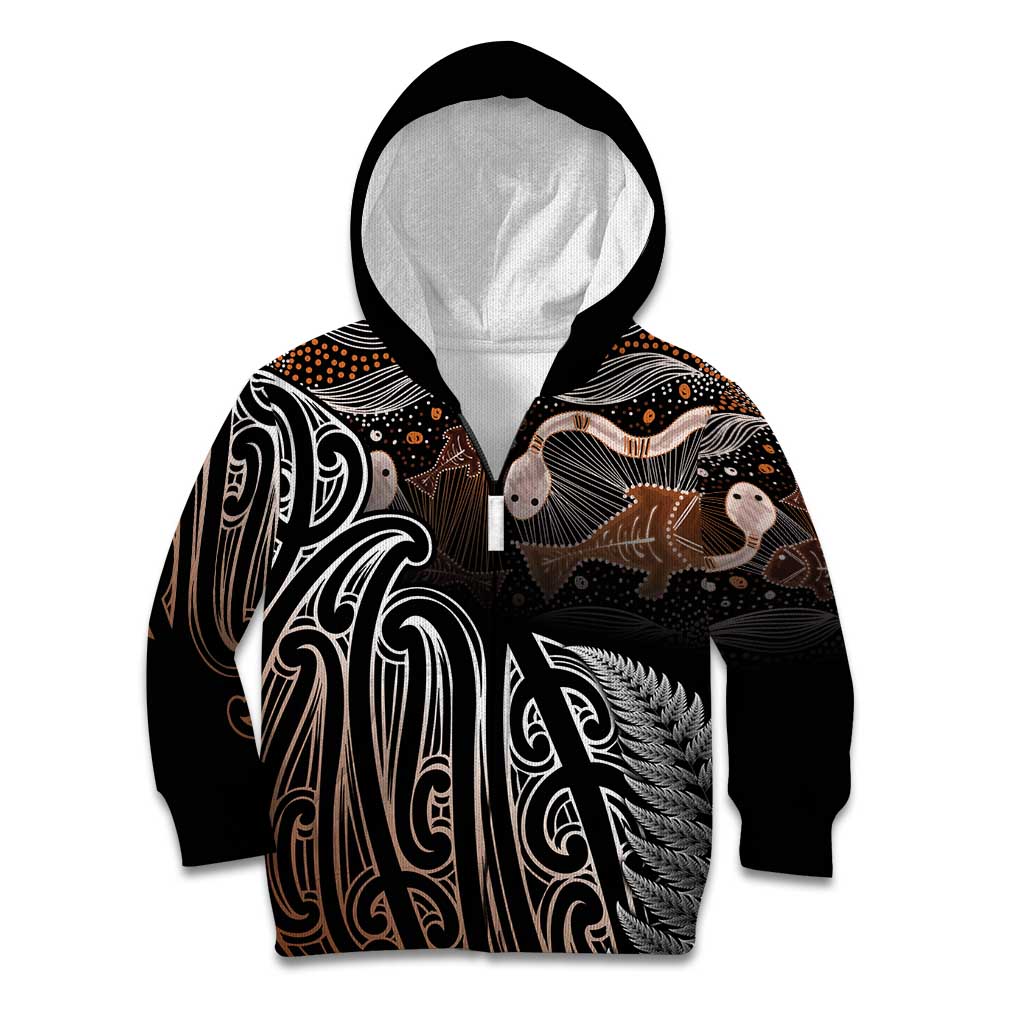 Aotearoa Maori - Australia Indigenous Kid Hoodie Koiri Whakairo Mix Aboriginal Art LT7 Zip Hoodie Brown - Polynesian Pride