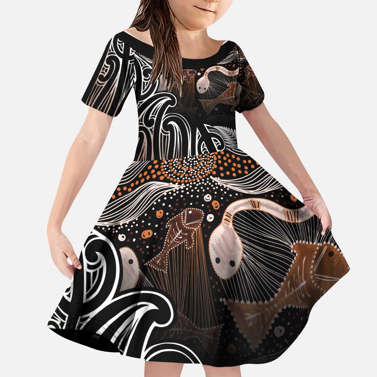 Aotearoa Maori - Australia Indigenous Kid Short Sleeve Dress Koiri Whakairo Mix Aboriginal Art LT7 KID Brown - Polynesian Pride