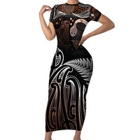 Aotearoa Maori - Australia Indigenous Short Sleeve Bodycon Dress Koiri Whakairo Mix Aboriginal Art LT7 Long Dress Brown - Polynesian Pride