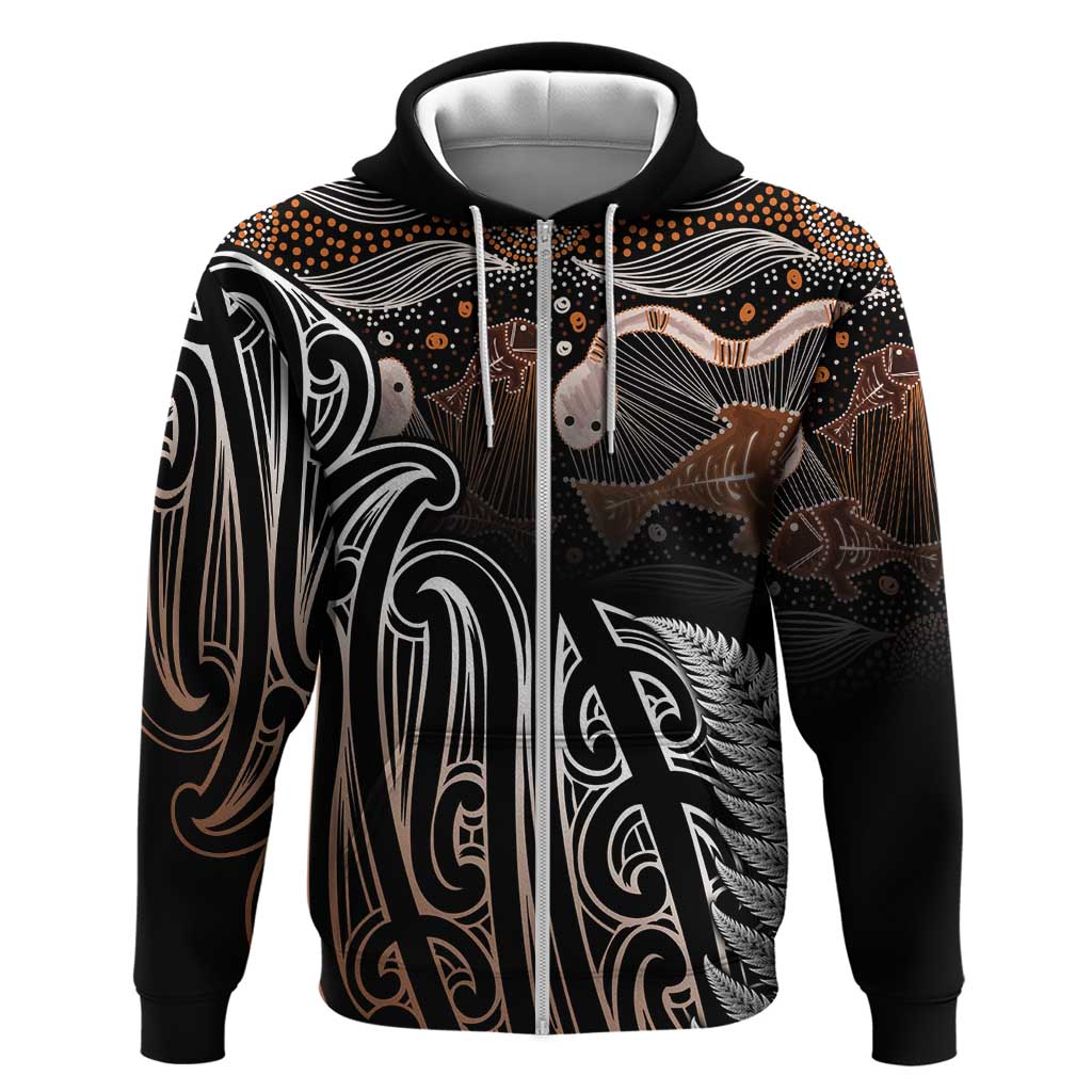 Aotearoa Maori - Australia Indigenous Zip Hoodie Koiri Whakairo Mix Aboriginal Art LT7 Zip Hoodie Brown - Polynesian Pride