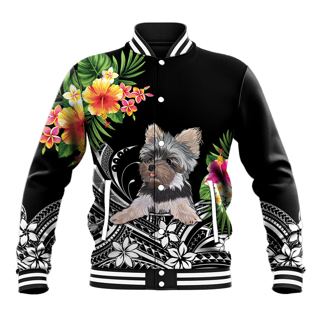 Personalised Polynesian Baseball Jacket With Yorkshire Terrier Floral Style LT7 Unisex Black - Polynesian Pride