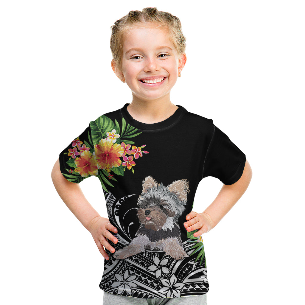 Personalised Polynesian Kid T Shirt With Yorkshire Terrier Floral Style LT7 Black - Polynesian Pride