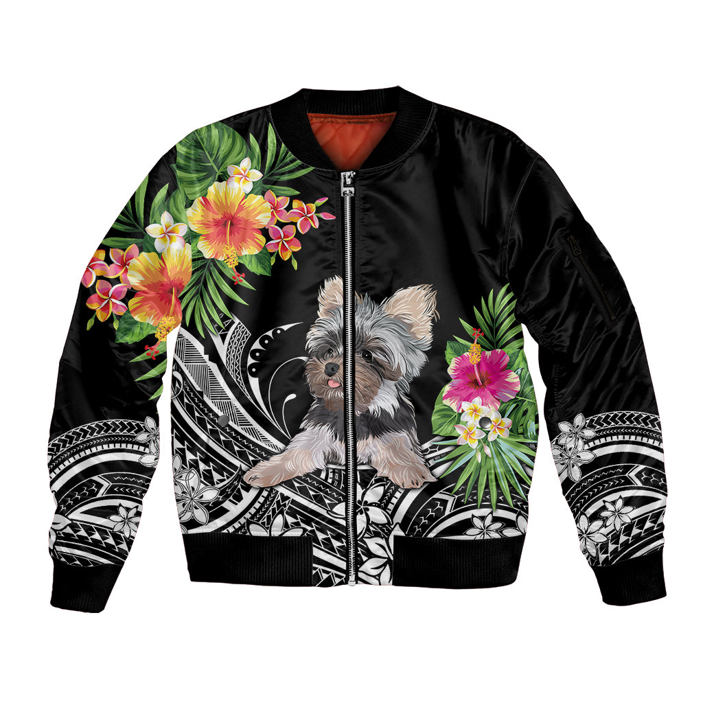 Personalised Polynesian Sleeve Zip Bomber Jacket With Yorkshire Terrier Floral Style LT7 Unisex Black - Polynesian Pride