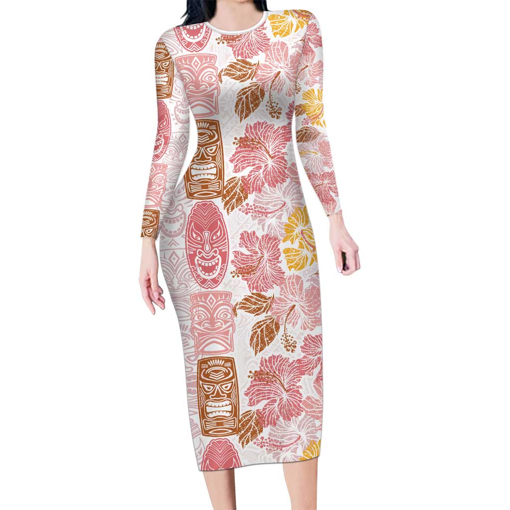 Christmas Aloha Hawaii Tiki Long Sleeve Bodycon Dress Hibiscus Spring Colors LT7 Long Dress Pink - Polynesian Pride
