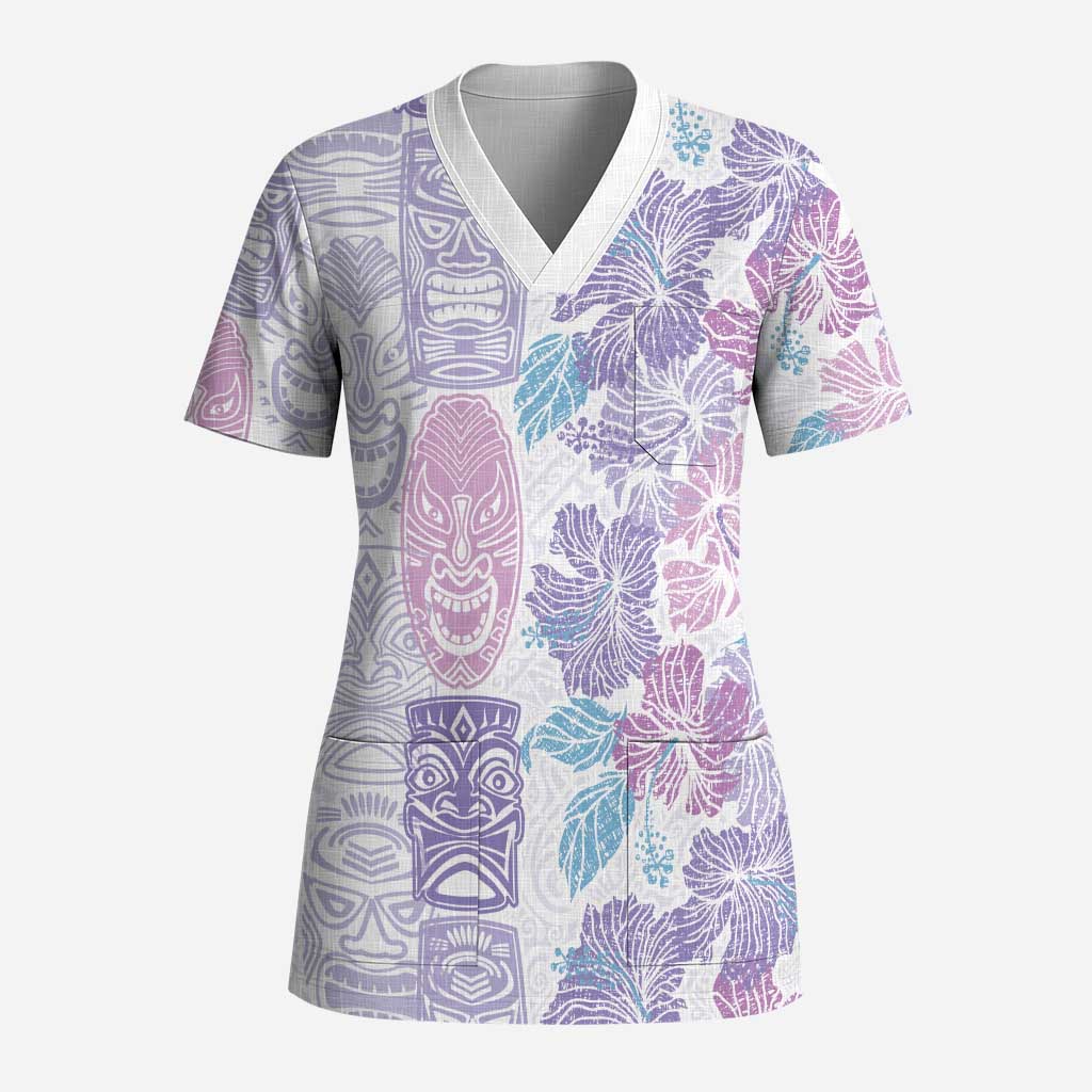 Christmas Aloha Hawaii Tiki Scrub Top Hibiscus Winter Colors LT7 Adult Lavender - Polynesian Pride