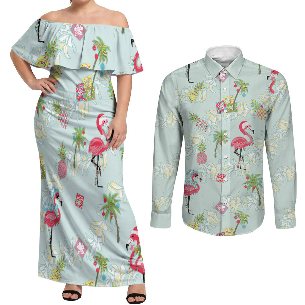 Aloha Hawaii Christmas Seamless Couples Matching Off Shoulder Maxi Dress and Long Sleeve Button Shirt Plumeria Lei LT7 Cerulean - Polynesian Pride