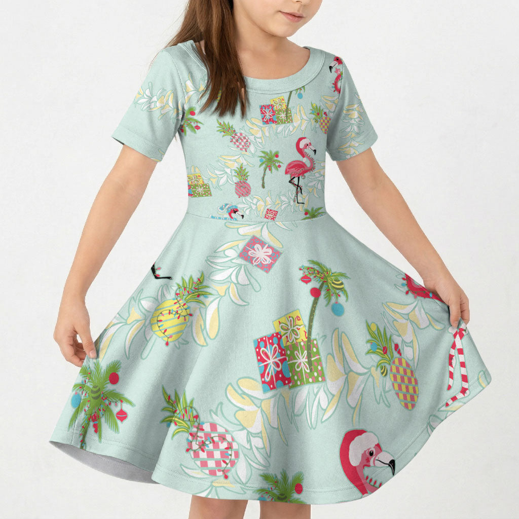 Aloha Hawaii Christmas Seamless Kid Short Sleeve Dress Plumeria Lei LT7 KID Cerulean - Polynesian Pride
