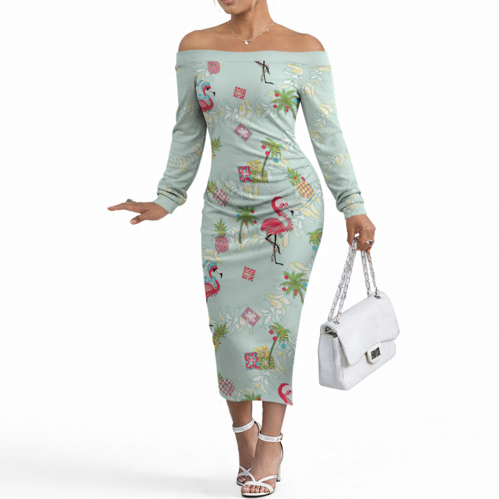 Aloha Hawaii Christmas Seamless Off The Shoulder Long Sleeve Dress Plumeria Lei LT7 Women Cerulean - Polynesian Pride