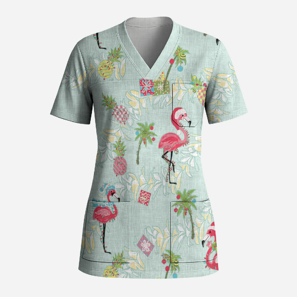 Aloha Hawaii Christmas Seamless Scrub Top Plumeria Lei