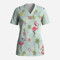 Aloha Hawaii Christmas Seamless Scrub Top Plumeria Lei