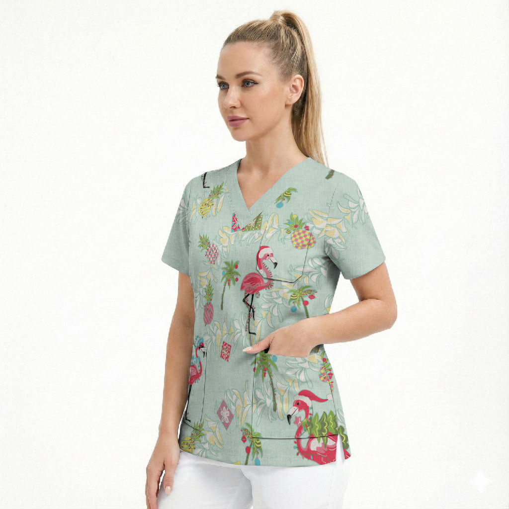 Aloha Hawaii Christmas Seamless Scrub Top Plumeria Lei