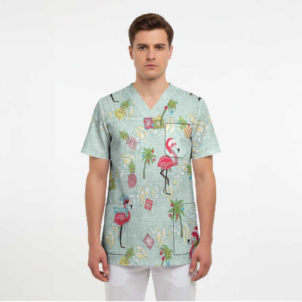 Aloha Hawaii Christmas Seamless Scrub Top Plumeria Lei