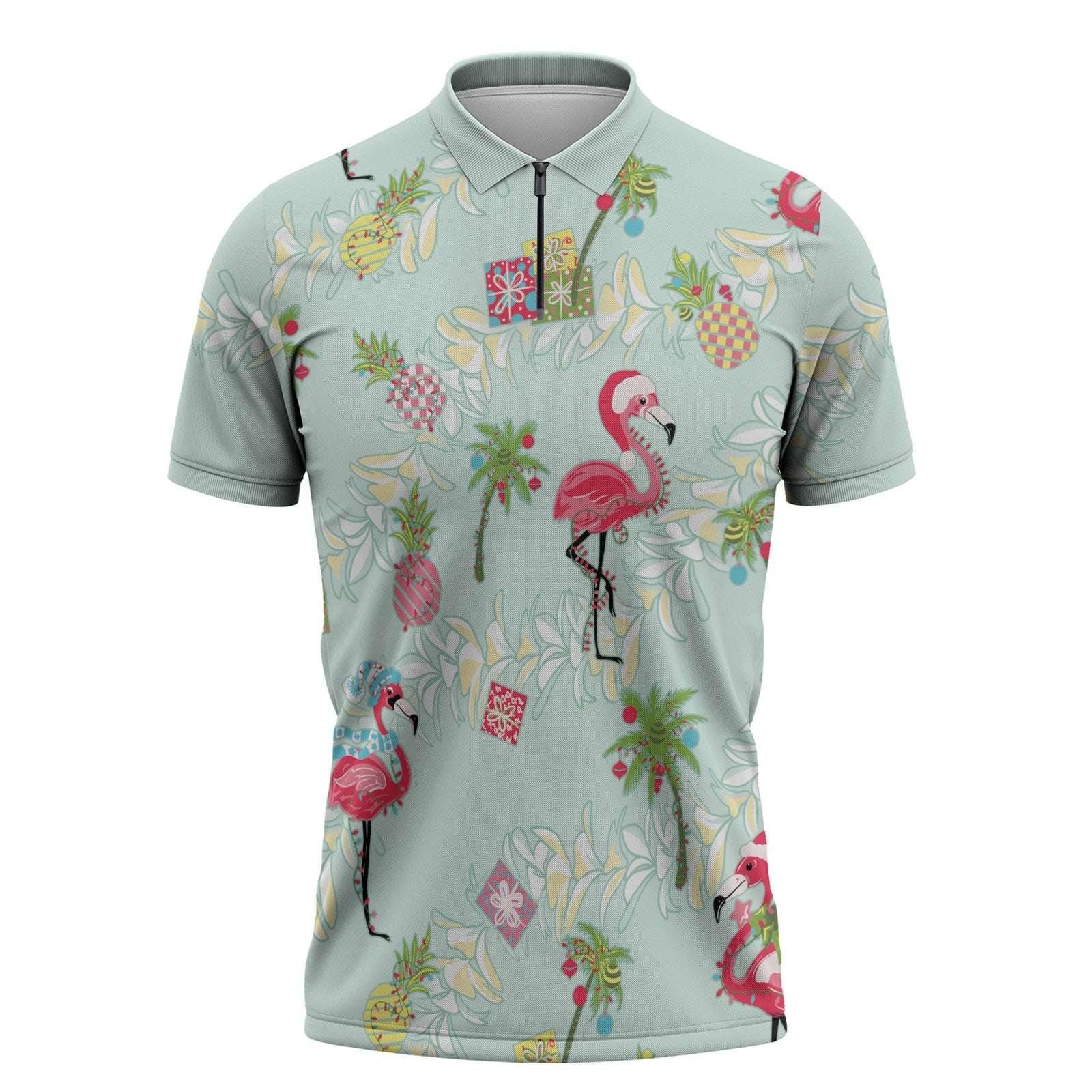 Aloha Hawaii Christmas Seamless Zipper Polo Shirt Plumeria Lei LT7 Cerulean - Polynesian Pride
