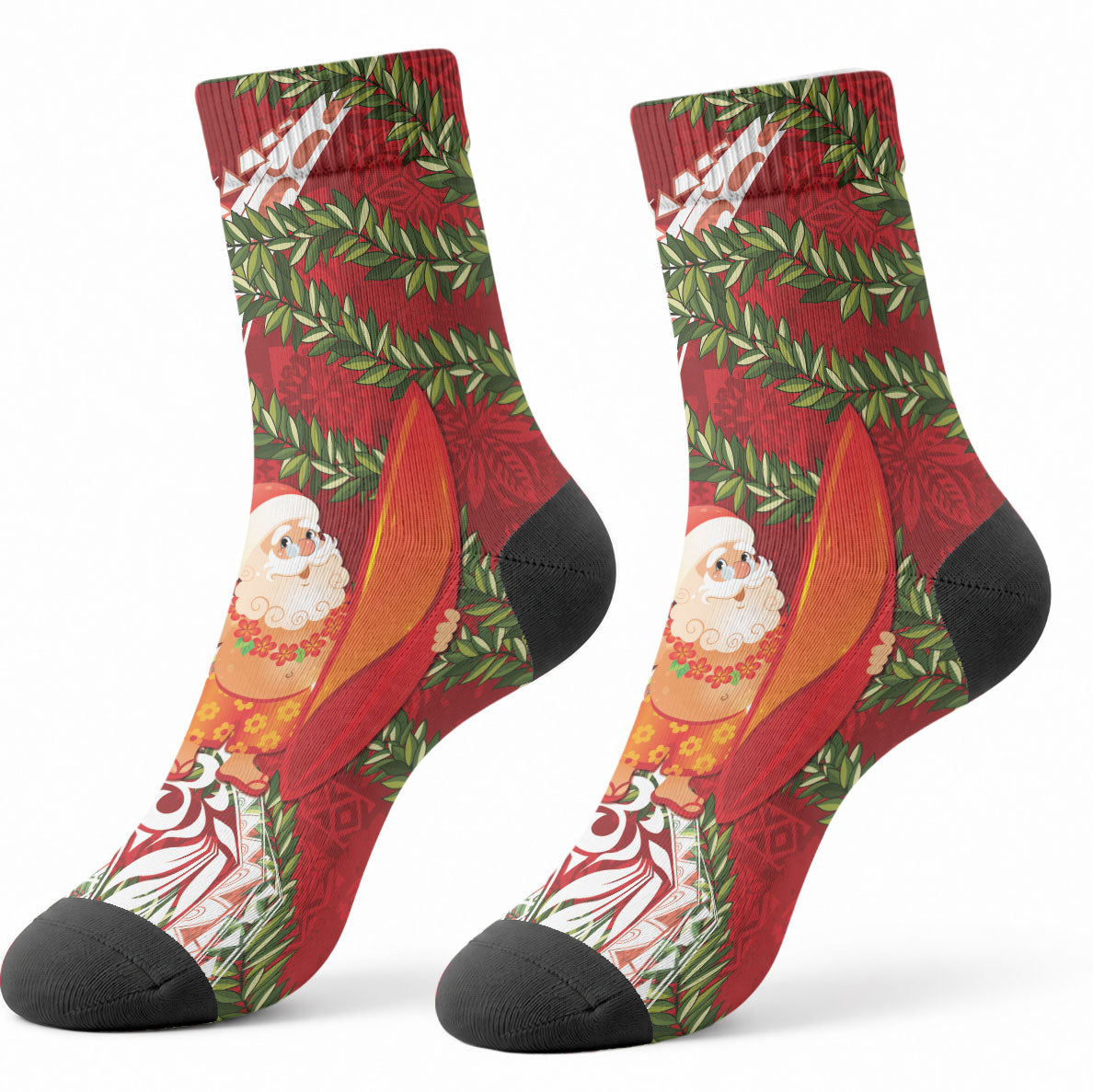 Mele Kalikimaka Hawaii Christmas Maile Lei Crew Socks Tropical Santa LT7 - Polynesian Pride