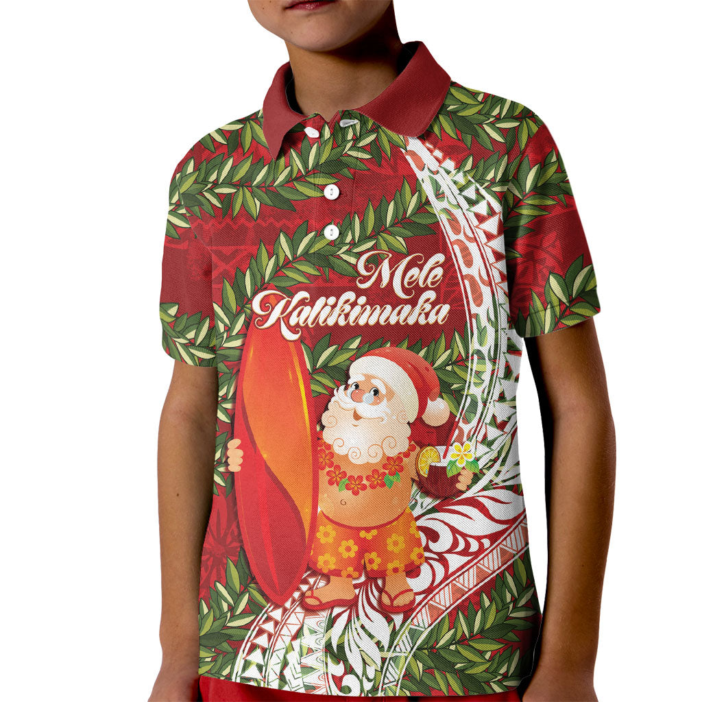 Mele Kalikimaka Hawaii Christmas Maile Lei Kid Polo Shirt Tropical Santa LT7 Kid Red - Polynesian Pride