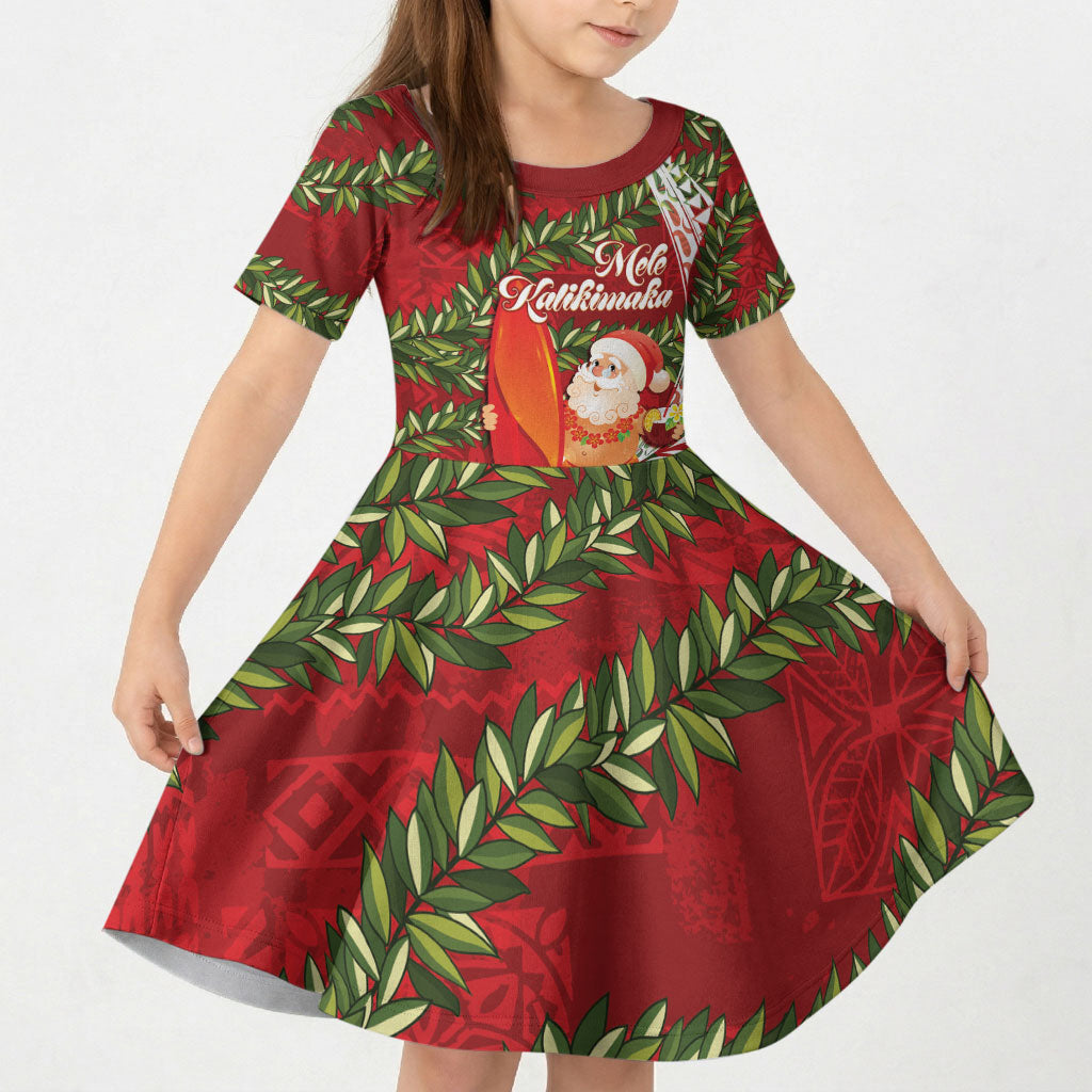 Mele Kalikimaka Hawaii Christmas Maile Lei Kid Short Sleeve Dress Tropical Santa LT7 KID Red - Polynesian Pride
