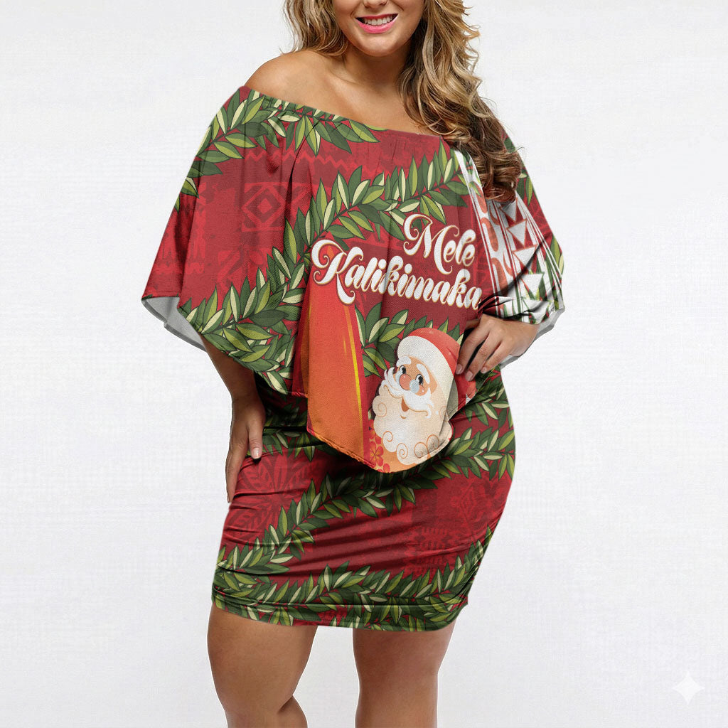 Mele Kalikimaka Hawaii Christmas Maile Lei Off Shoulder Short Dress Tropical Santa LT7 Women Red - Polynesian Pride