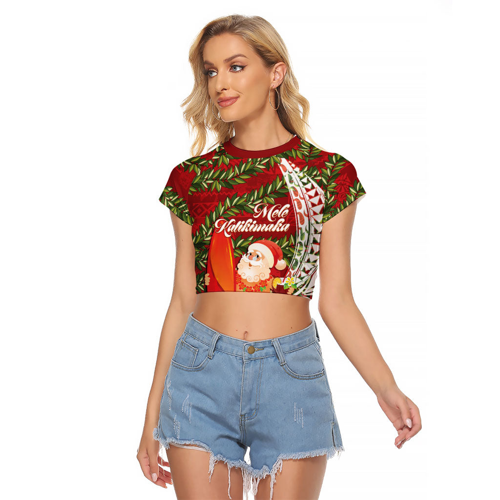 Mele Kalikimaka Hawaii Christmas Maile Lei Raglan Cropped T Shirt Tropical Santa LT7 Female Red - Polynesian Pride