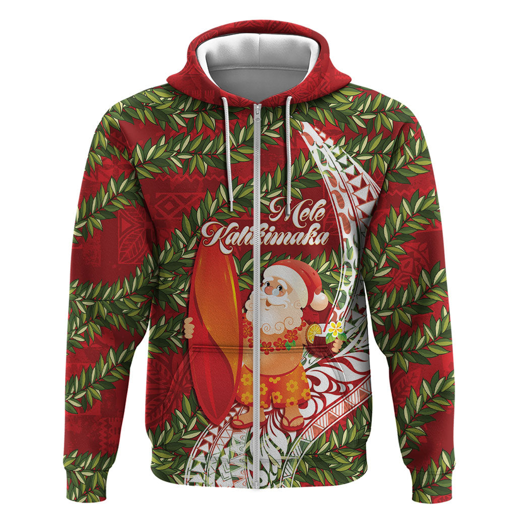 Mele Kalikimaka Hawaii Christmas Maile Lei Zip Hoodie Tropical Santa LT7 Zip Hoodie Red - Polynesian Pride