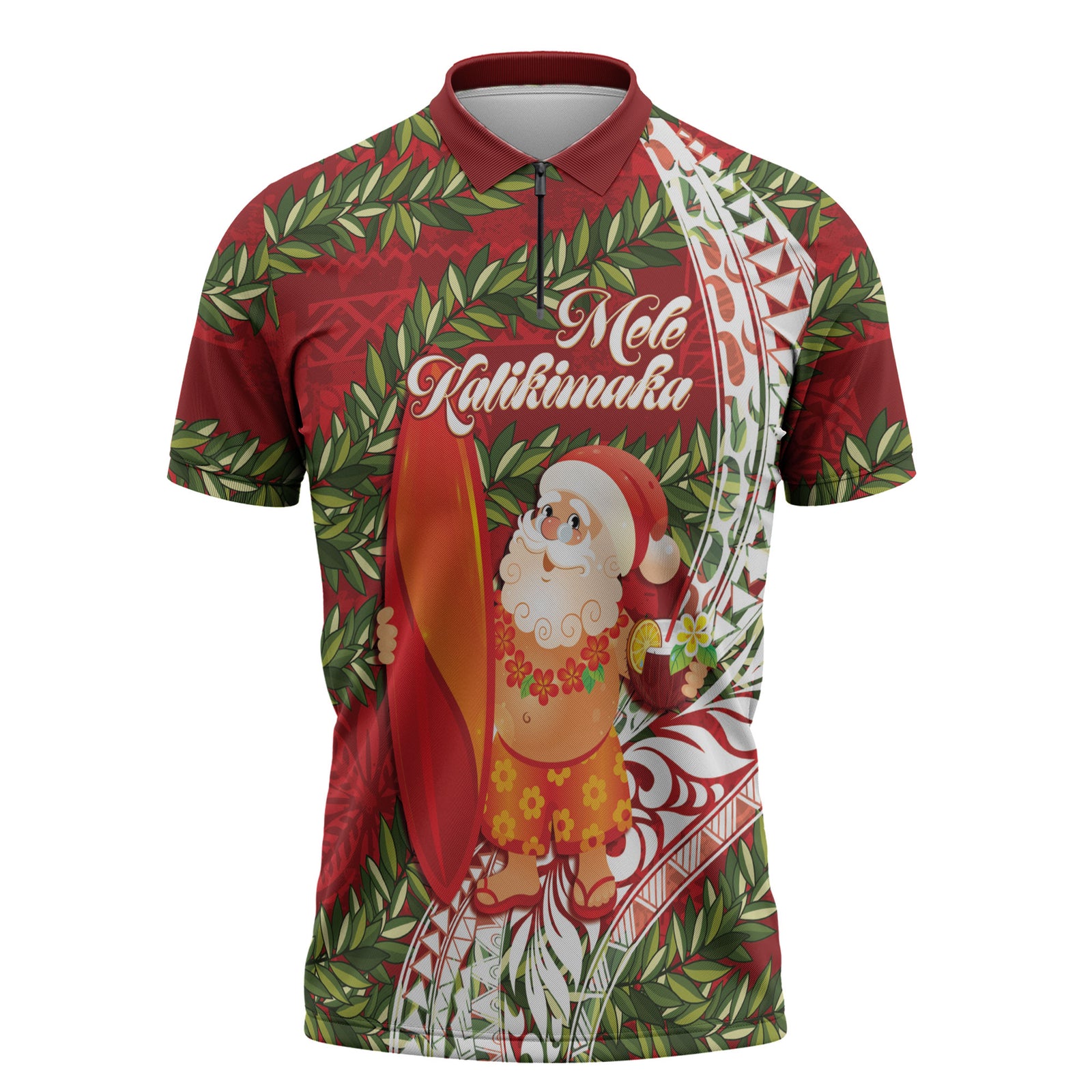 Mele Kalikimaka Hawaii Christmas Maile Lei Zipper Polo Shirt Tropical Santa LT7 Red - Polynesian Pride