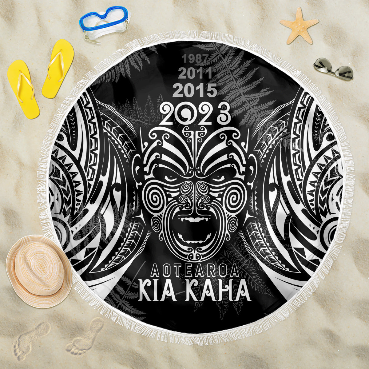 New Zealand Rugby Beach Blanket 2023 World Cup Aotearoa Haka Face LT7 One Size 150cm Black - Wonder Print Shop