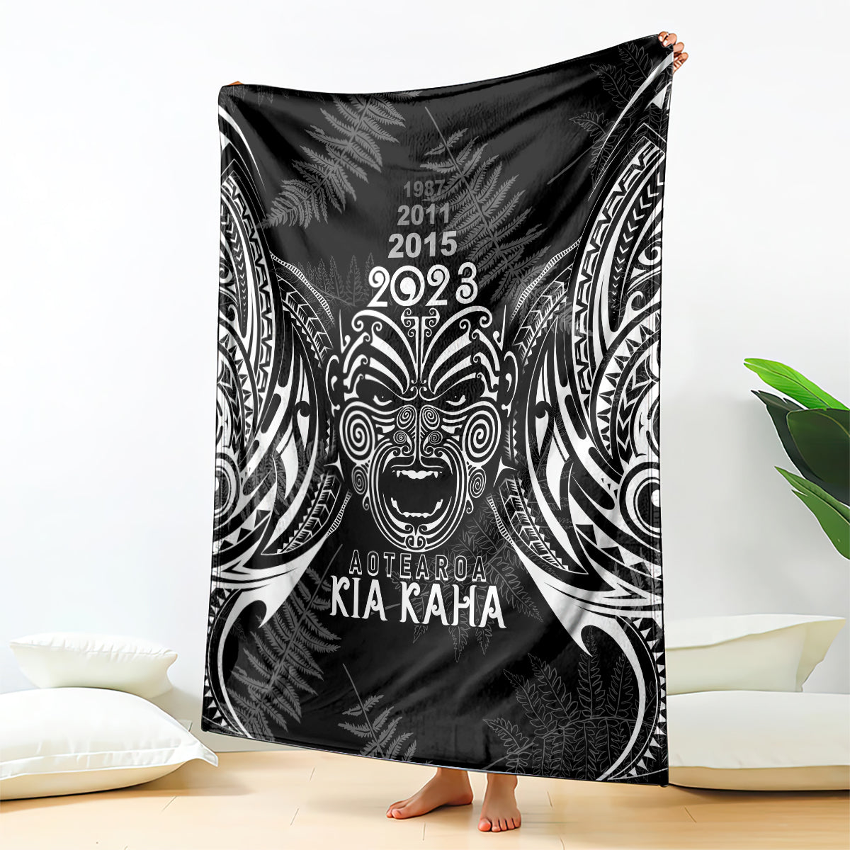 New Zealand Rugby Blanket 2023 World Cup Aotearoa Haka Face LT7 Black - Polynesian Pride