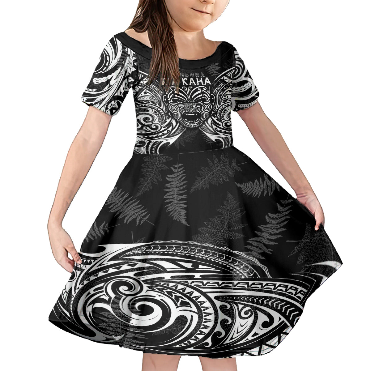 New Zealand Rugby Kid Short Sleeve Dress 2023 World Cup Aotearoa Haka Face LT7 KID Black - Polynesian Pride