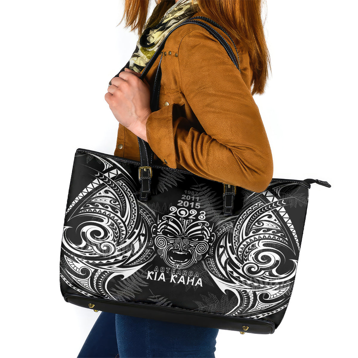 Custom New Zealand Rugby Leather Tote Bag 2023 World Cup Aotearoa Haka Face LT7 Black - Polynesian Pride